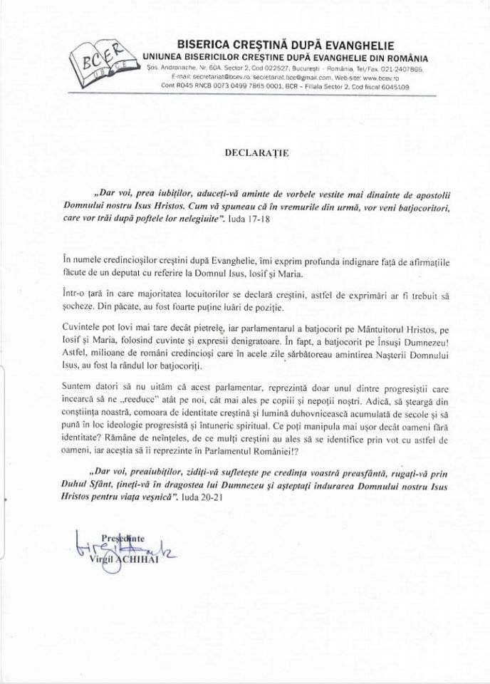 DECLARATIE PROTEST FATA DE AFIRMATIILE DEPUTATULUI USR IULIAN BULAI DESPRE DOMNUL HRISTOS SI PARINTII SAI PAMANTESTI DECLARATIE PROTEST FATA DE AFIRMATIILE DEPUTATULUI USR IULIAN BULAI DESPRE DOMNUL HRISTOS SI PARINTII SAI PAMANTESTI