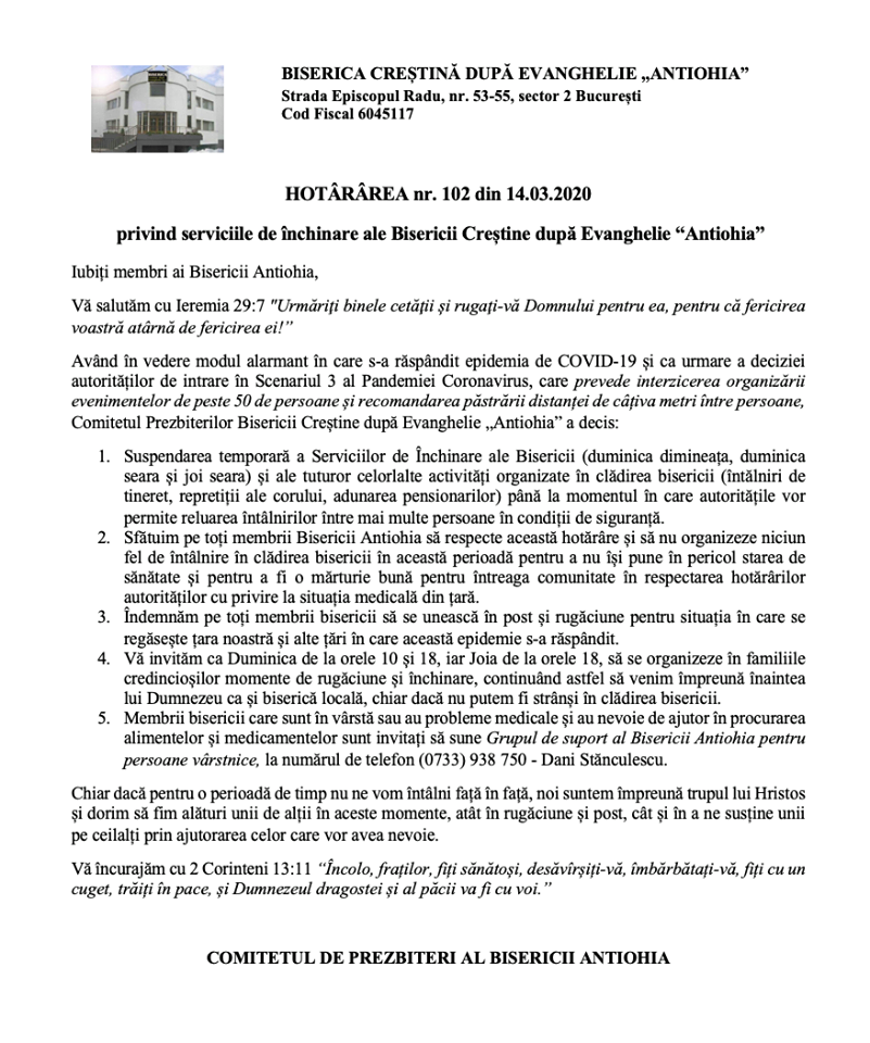 HOTARARE INTRERUPERE TEMPORARA SERVICII INCHINARE BISERICA ANTIOHIA BUCURESTI DATORITA PANDEMIEI CORONAVIRUS HOTARARE INTRERUPERE TEMPORARA SERVICII INCHINARE BISERICA ANTIOHIA BUCURESTI DATORITA PANDEMIEI CORONAVIRUS