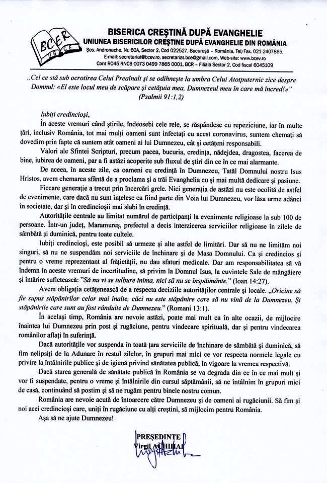 Presedintele Virgil Achihai cere credinciosilor sa respecte interdictia de intrunire in numar mai mare de 100 credinciosi in Biserica Presedintele Virgil Achihai cere credinciosilor sa respecte interdictia de intrunire in numar mai mare de 100 credinciosi in Biserica