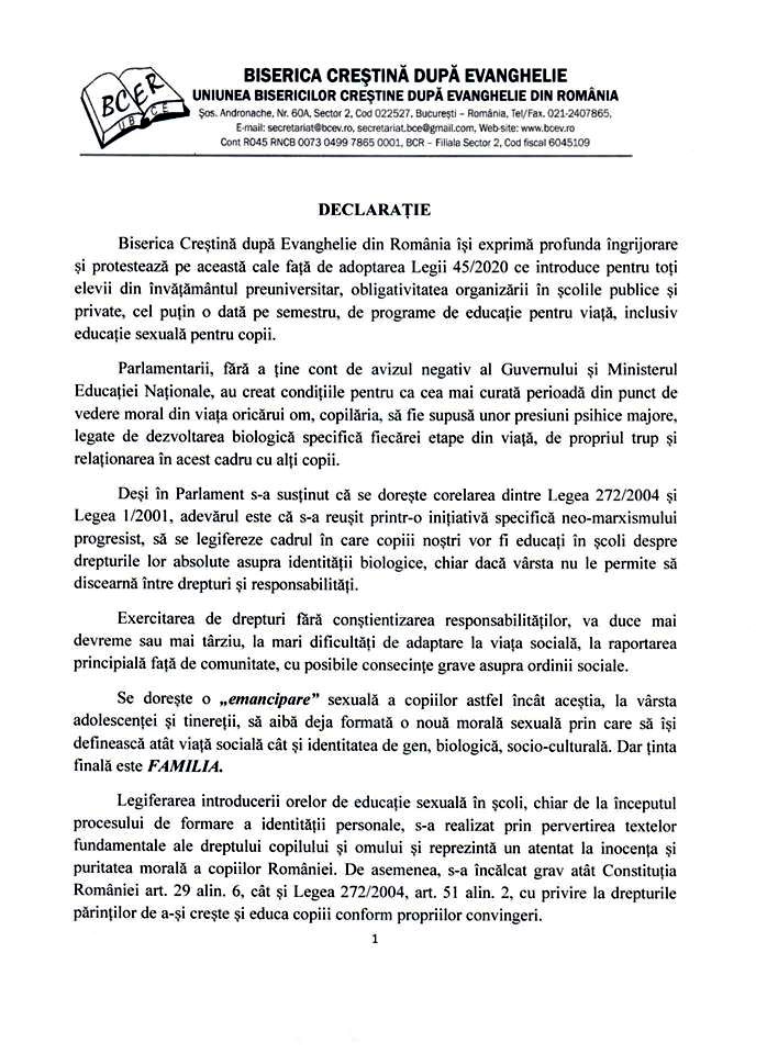 BISERICA CRESTINA DUPA EVANGHELIE - DECLARATIE PROTEST DESPRE IMPUNEREA EDUCATIEI SEXUALE PENTRU COPII IN SCOLI (PARTEA I) BISERICA CRESTINA DUPA EVANGHELIE - DECLARATIE PROTEST DESPRE IMPUNEREA EDUCATIEI SEXUALE PENTRU COPII IN SCOLI (PARTEA I)