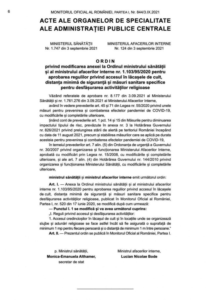 ORDIN PRIVIND DISTANTAREA FIZICA OBLIGATORIE DE MINIMUM UN METRU INTRE CREDINCIOSII BISERICII - 3 SEPTEMBRIE 2021 ORDIN PRIVIND DISTANTAREA FIZICA OBLIGATORIE DE MINIMUM UN METRU INTRE CREDINCIOSII BISERICII - 3 SEPTEMBRIE 2021